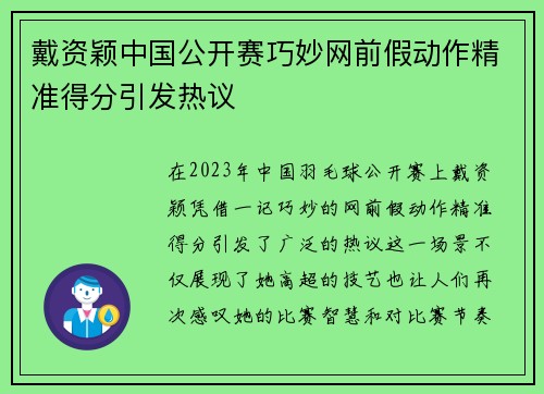 戴资颖中国公开赛巧妙网前假动作精准得分引发热议
