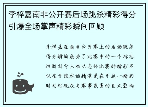 李梓嘉南非公开赛后场跳杀精彩得分引爆全场掌声精彩瞬间回顾