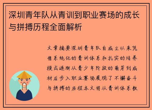 深圳青年队从青训到职业赛场的成长与拼搏历程全面解析