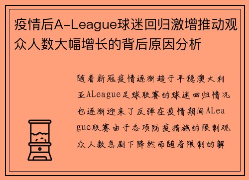疫情后A-League球迷回归激增推动观众人数大幅增长的背后原因分析 疫情后A-League球迷回归激增推动观众人数大幅增长的背后原因分析