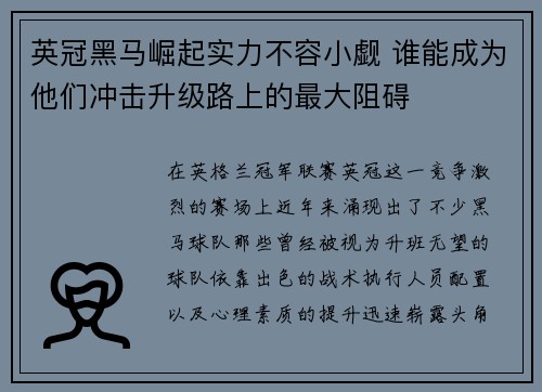 英冠黑马崛起实力不容小觑 谁能成为他们冲击升级路上的最大阻碍